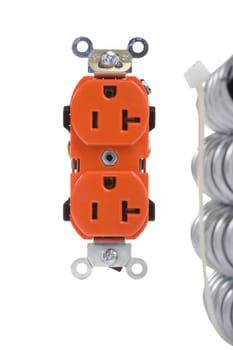 Orange wall outlet on a white background.