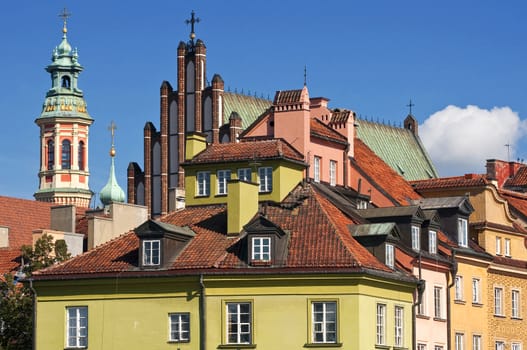 Houses and churches in the Old Town of Warsaw, Poland.