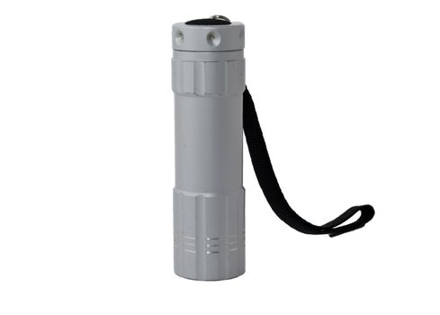 Aluminum flashlight with a black strap on a white background