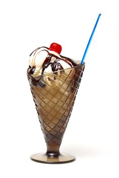 An ice cream sundae with a cherry on top.