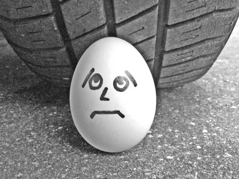 Scared egg and tyre (goose egg), in black and white!