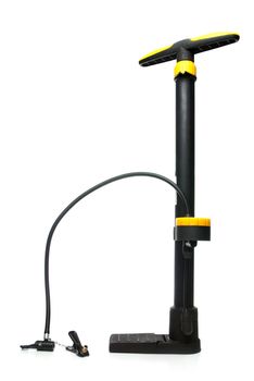 Modern, black plastic bicycle tire pump with yellow trim.