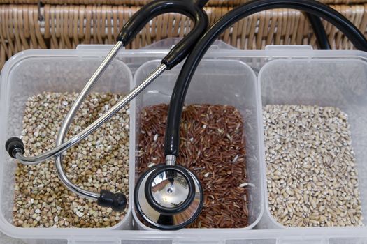 Doctor Stethoscope and Healthy Organic Grains