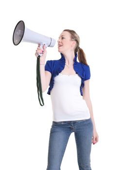 young woman with bullhorn isolated on white background