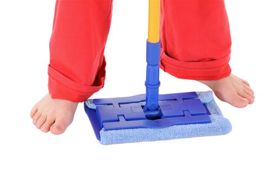 The barefoot woman holds blue a mop