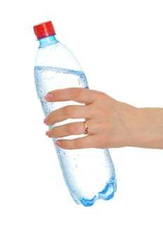 Bottle with water in a hand isolated on white background