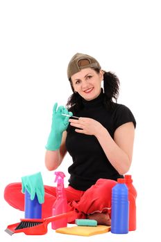 The woman makes manicure isolated on white background