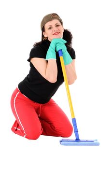 the woman with a mop isolated on white background