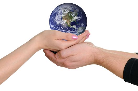 Man's and female hand hold the earth isolated on white background