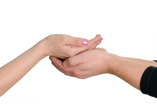 Man's and female hand isolated on white background