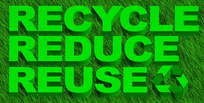 3D illustration of recycle reuse and reduce word over green grass