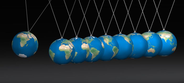 Newton cradle balancing with earth balls over black