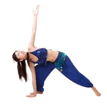 Yoga pose with young Asian woman, isolated on white background.