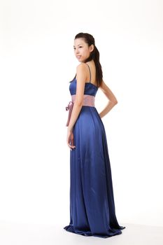 Elegant Asian beauty with blue ?formal dress, full length portrait isolated on white.