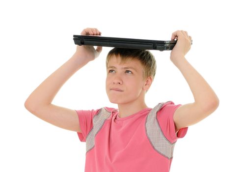 The teenager with laptop isolated on white background