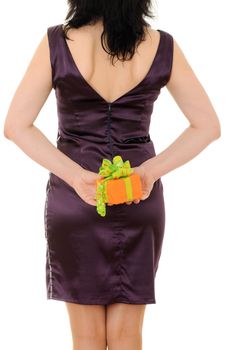 woman with orange gift isolated on white background