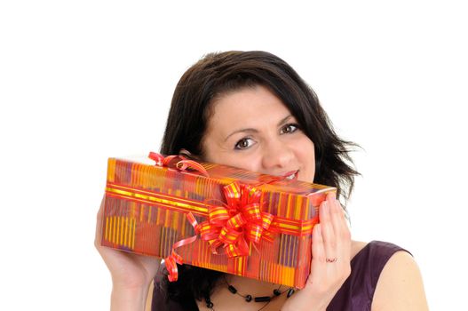 woman with orange gift isolated on white background