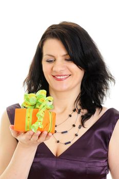 woman with orange gift isolated on white background