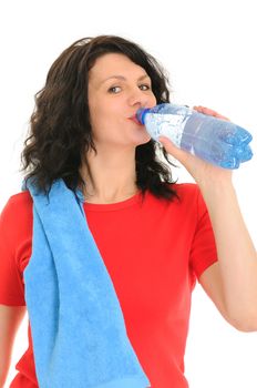 The woman with a bottle of water isolated on white background