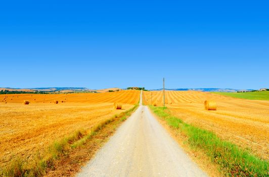 Tuscany Landscape With Many Hay Bales At The Rural Road 