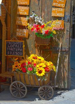 Cart With Artificial Flowers, Standing Near The Wooden Gates