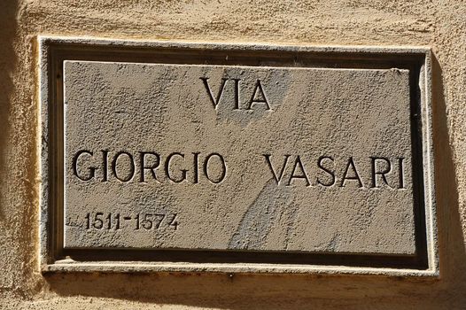 Giorgio Vasari Street Sign In The Italian City Arezzo