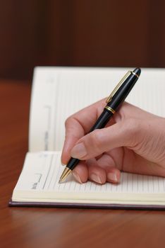 Writing, hand with pen on a notebook