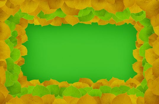 green and yellow leafs -frame on green background. clipping path included