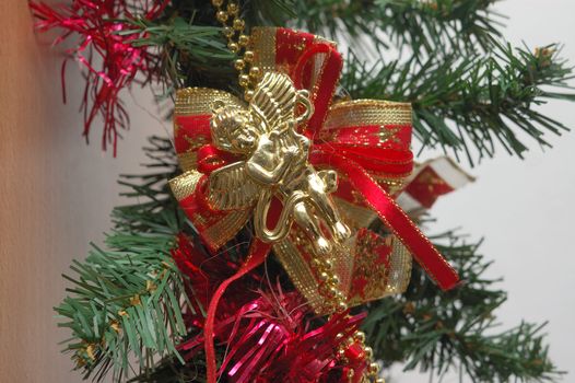 Red gifts on white background. Christmas decoration.