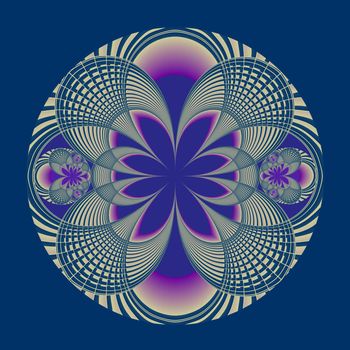 An abstract fractal done in shades of blues, greens, and purples with blue/green and tan arches that meet in the center of the motif.