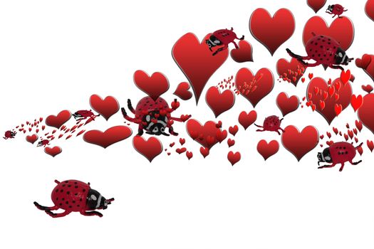 a beautifull ladybird on a white background with hearts all around signifying love is all around us