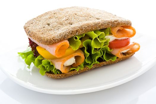 Appetizing sandwich from rye bread with a ham and salad on a white plate close up
