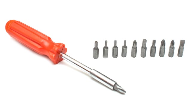 screwdriver with different nozzles isolated on a white backgroun