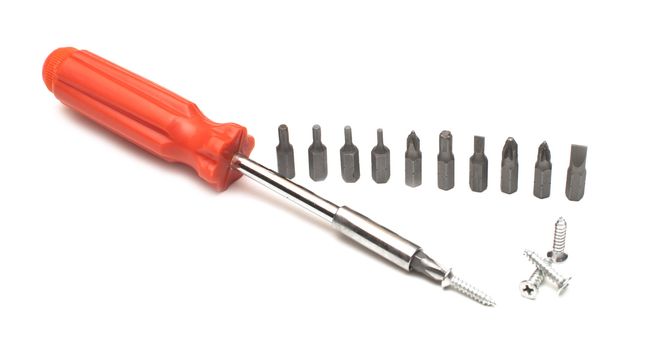 screwdriver with different nozzles isolated on a white background 