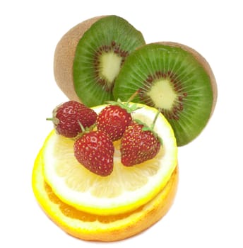 tropical fruit and strawberry are isolated on white background