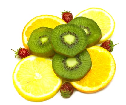 tropical fruit and strawberry are isolated on white background