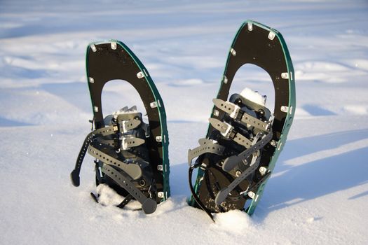 Snowshoeing. Snowshoes in the snow. Photo from Quebec, Canada.