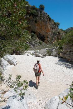 An athletic woman hiking along a canyon