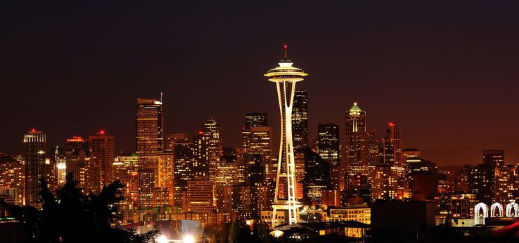 Dazzling image of the emerald city of Seattle skyline at dusk
