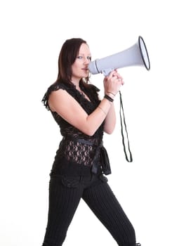 pretty young woman with megaphone isolated on white