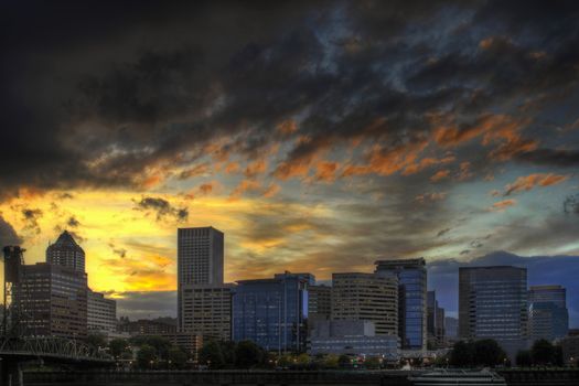 Dramatic Sunset Sky Over Portland Oregon Skyline