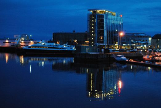 The harbor in Svolvær city, Lofoten, at night.