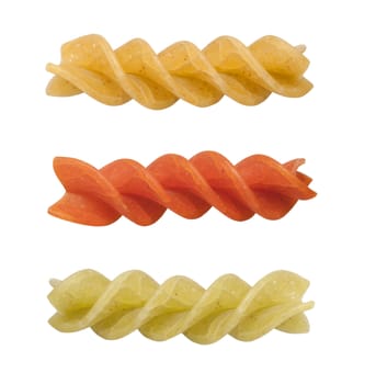  Uncooked pasta fusilli in different colours, white background, clipping path.