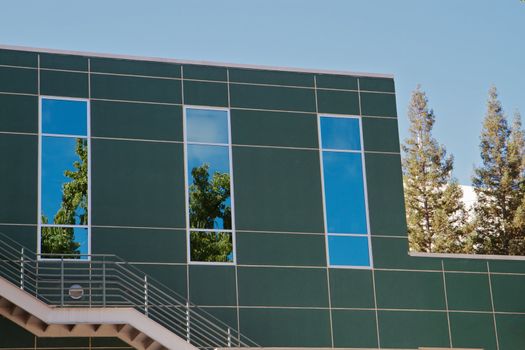 Trees and blue sky reflected on office windows with green wall and stairs