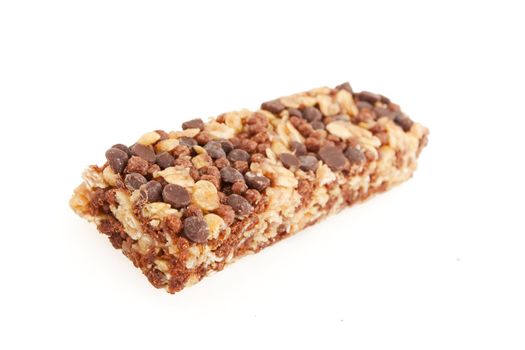 Chocolate and nut energy bar isolated on white