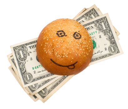 Money-stuffed burger with smile isolated on the white background