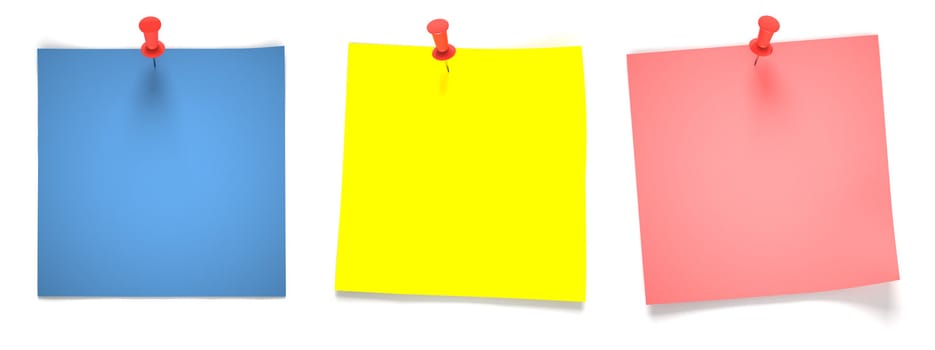 Three multicolored note papers attached with red pins