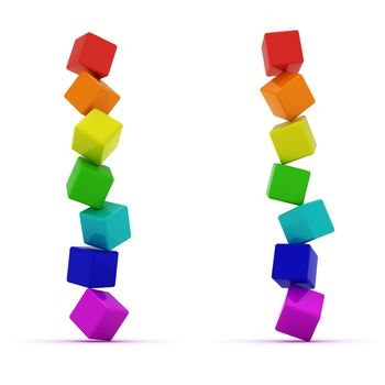 Falling pyramids from toy cubes isolated on the white background