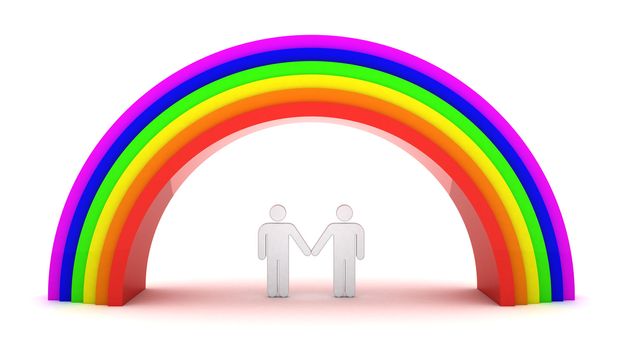 Homosexual couple under rainbow. 3d objects isolated on the white background.