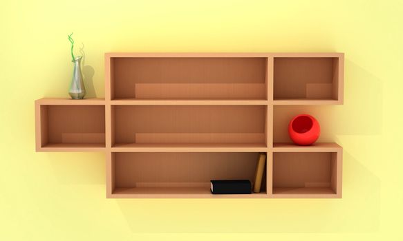 Wooden shelves with books, red and curve vases